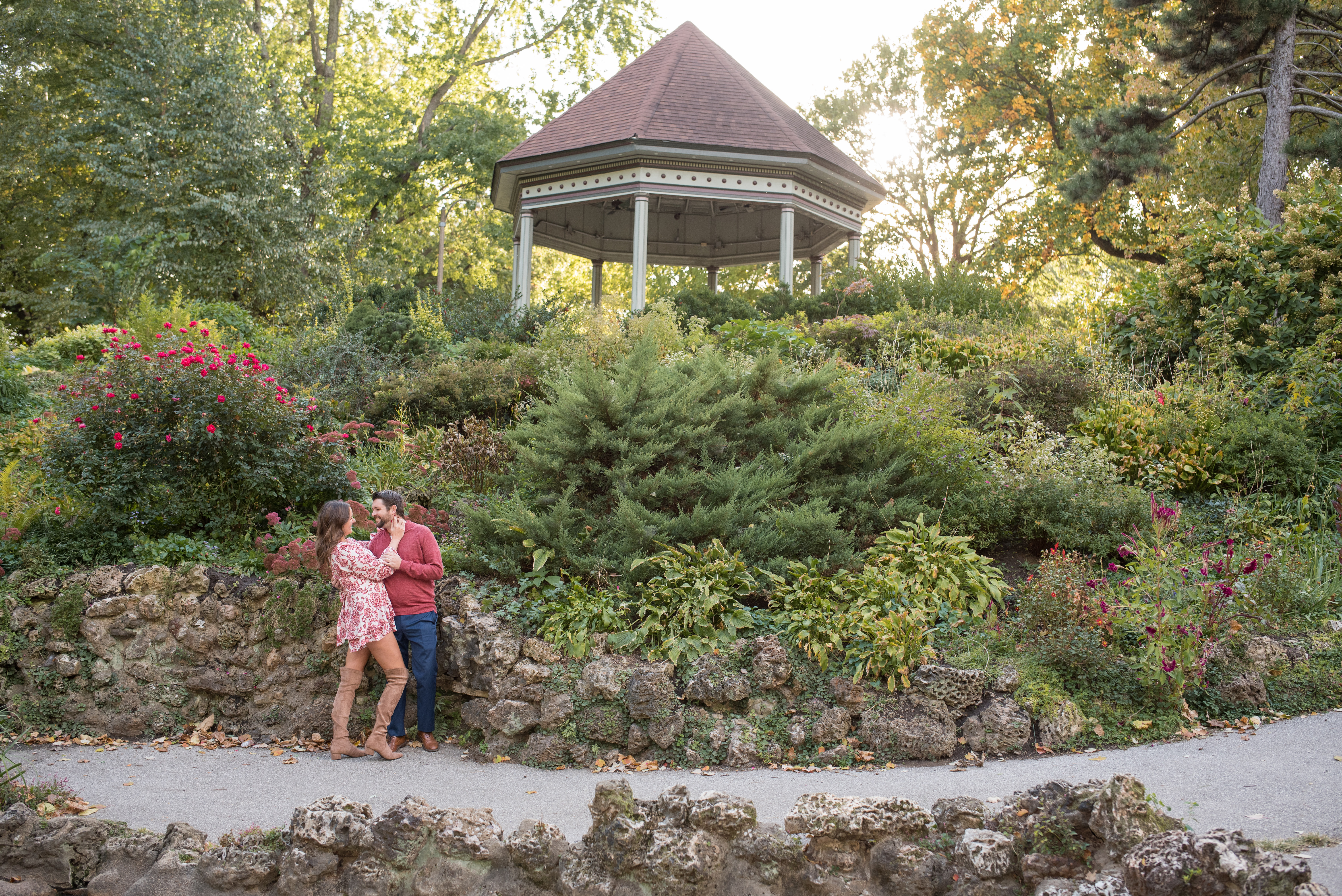 couple hugging in scenic garden