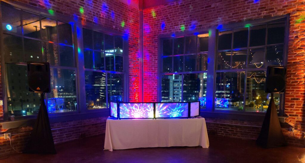 DJ booth setup with lights