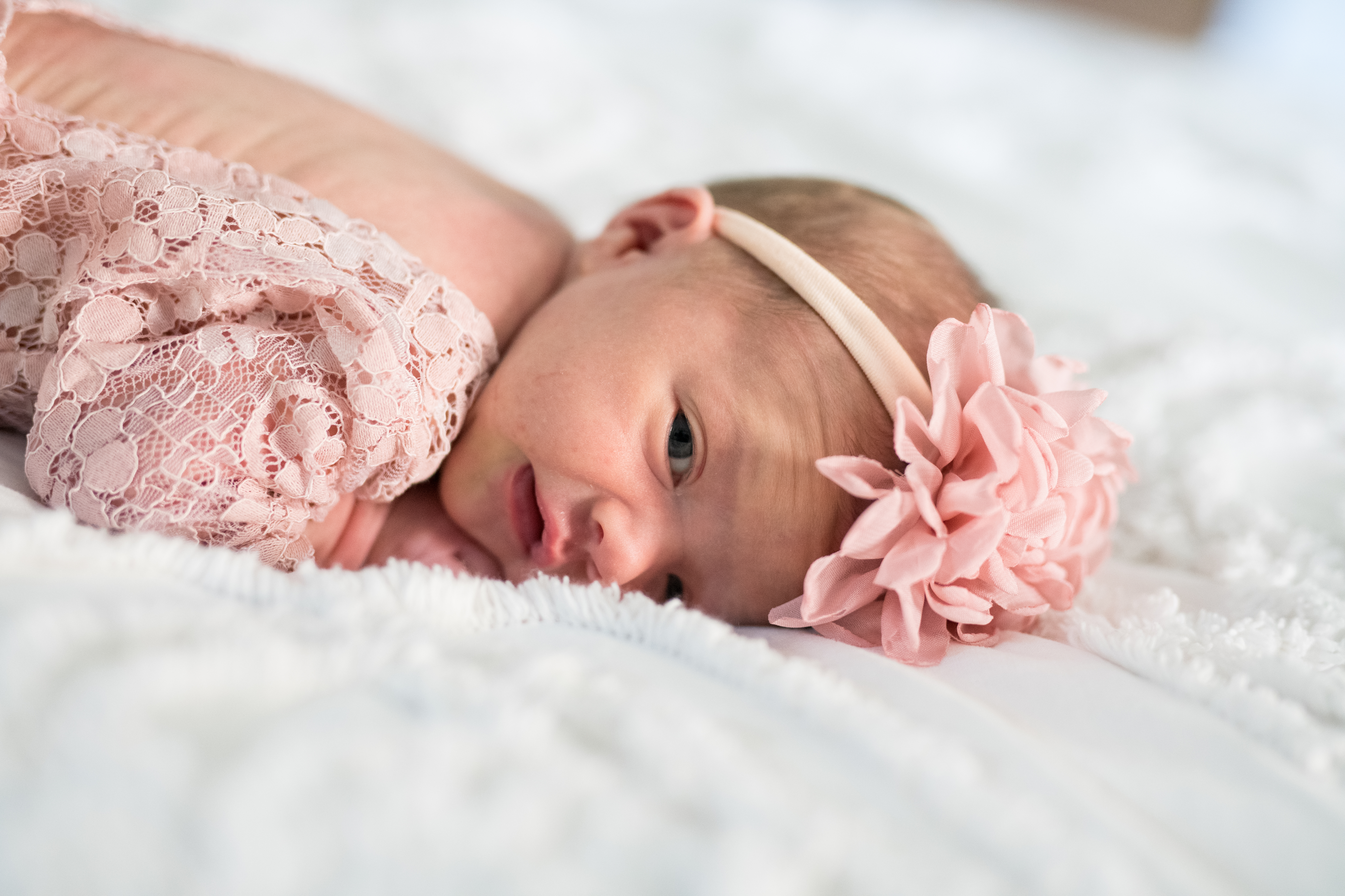newborn photo shoot baby in light pink lace gown and floral headband